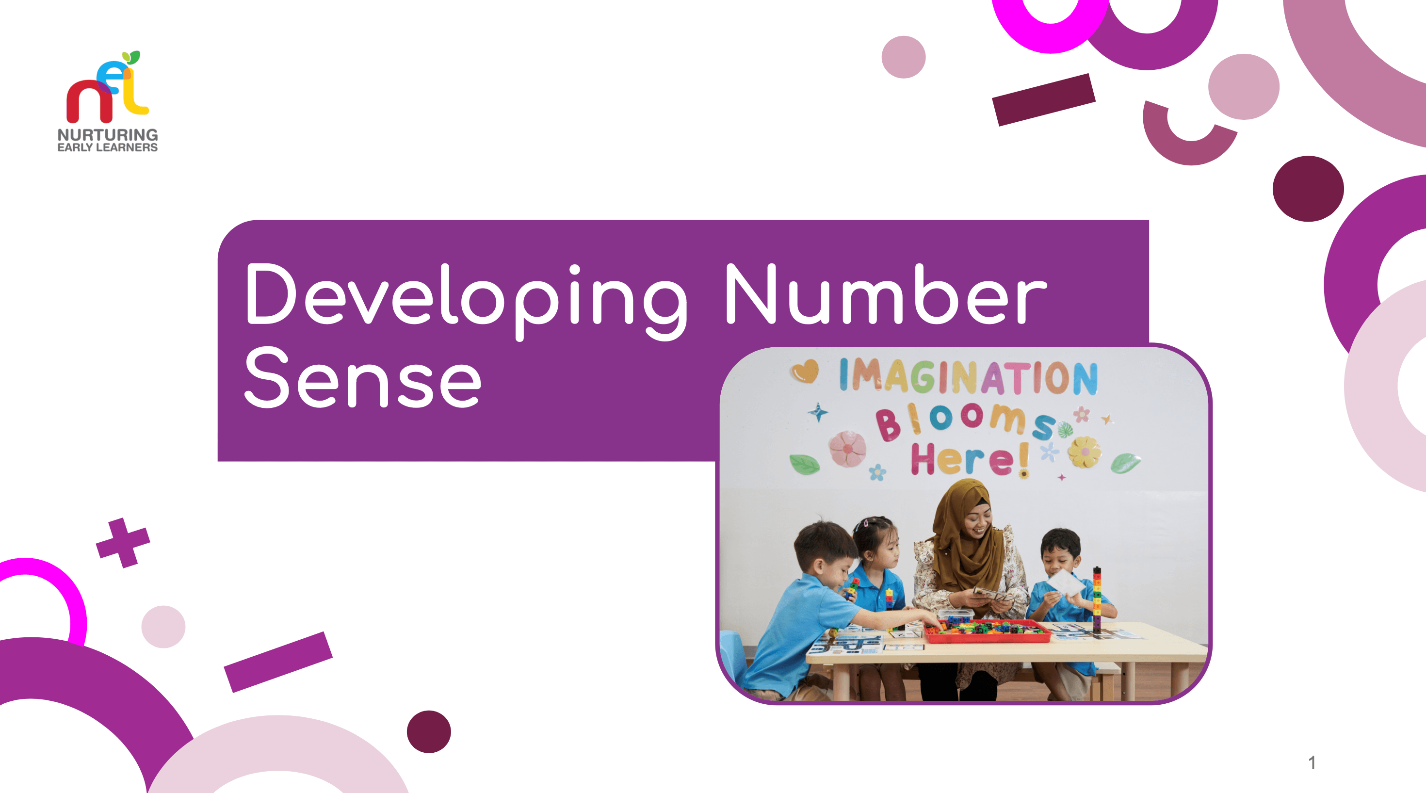 slides on developing number sense with image of teacher teaching children how to count using building blocks